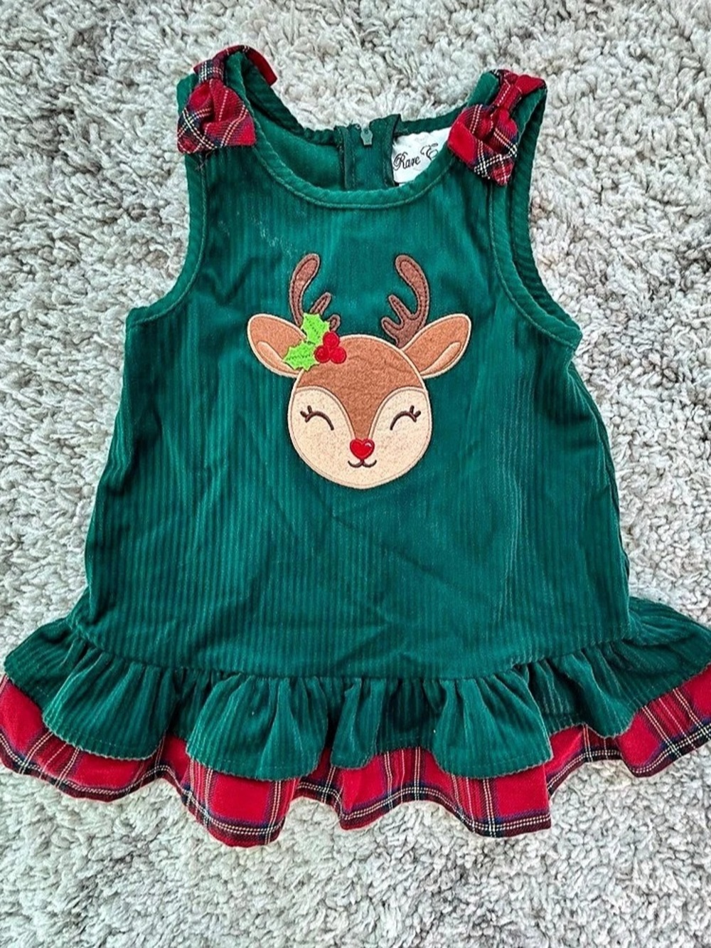 Rare Editions Girls Green Reindeer Christmas Dress – 12M